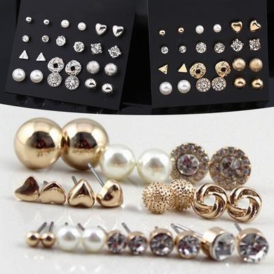 12 ks/Sada Kryštálová Zliatina Okrúhla Gulička Zlatá Farba Piercingy do Uší Vintage Strieborná Farba Náušnice s Imitáciou Perál Sada Pre Ženy