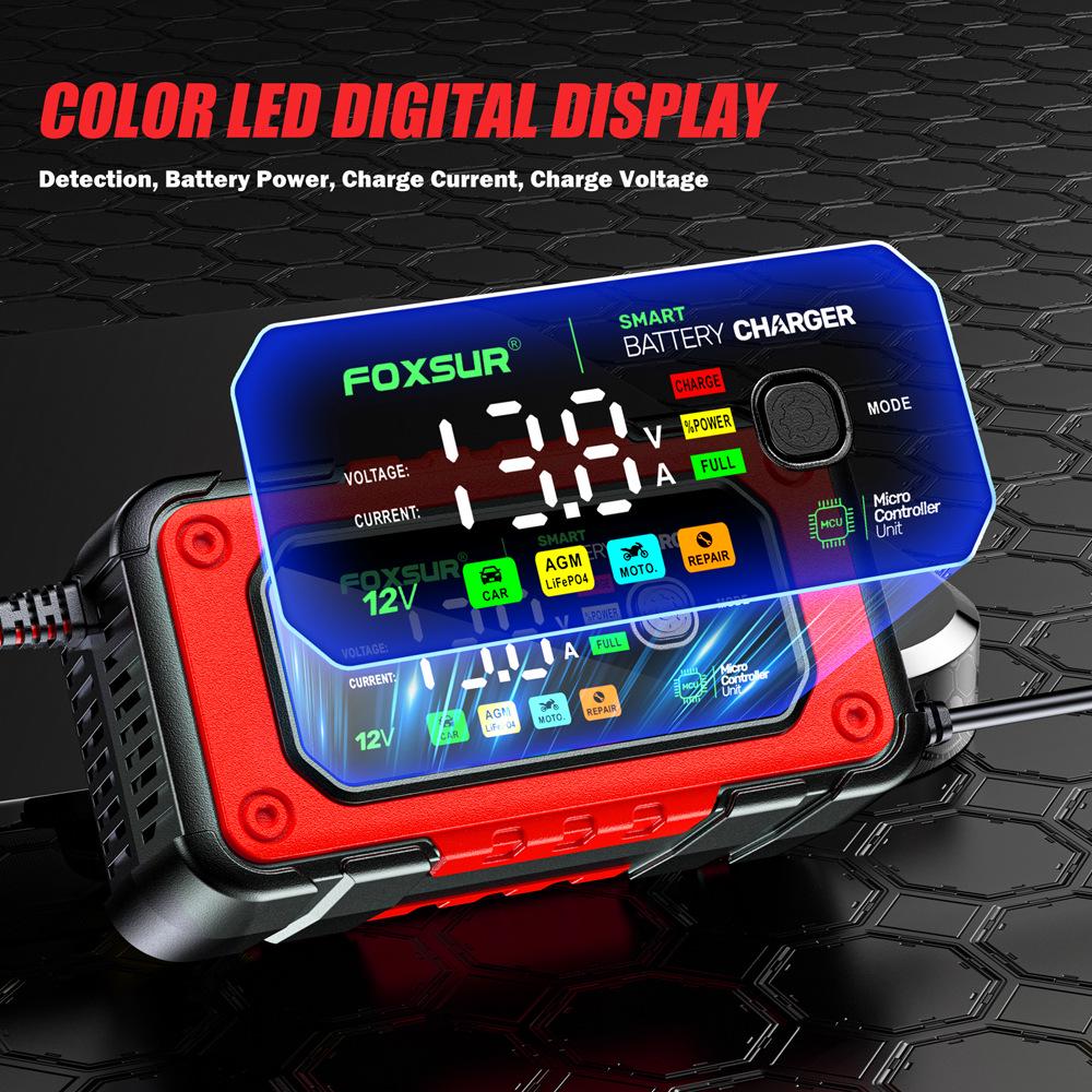 FOXSUR 12V 7A Charger for Lead-Acid & Lithium Iron Phosphate Batteries with Large Color Screen