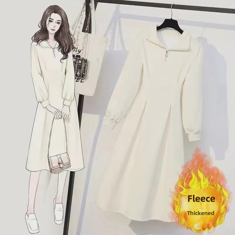 Dámské nadměrné pletené šaty na zip v korejském stylu - Hrubý samet, Jednobarevné, Ležérní podzimní/zimní dlouhá sukně