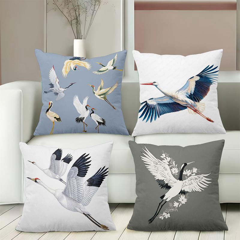 Flying Cranes Pattern Decorative Throw Pillow Cover Polyester Sofa Cushion Case for Living Room Bed Headboard Home Decor