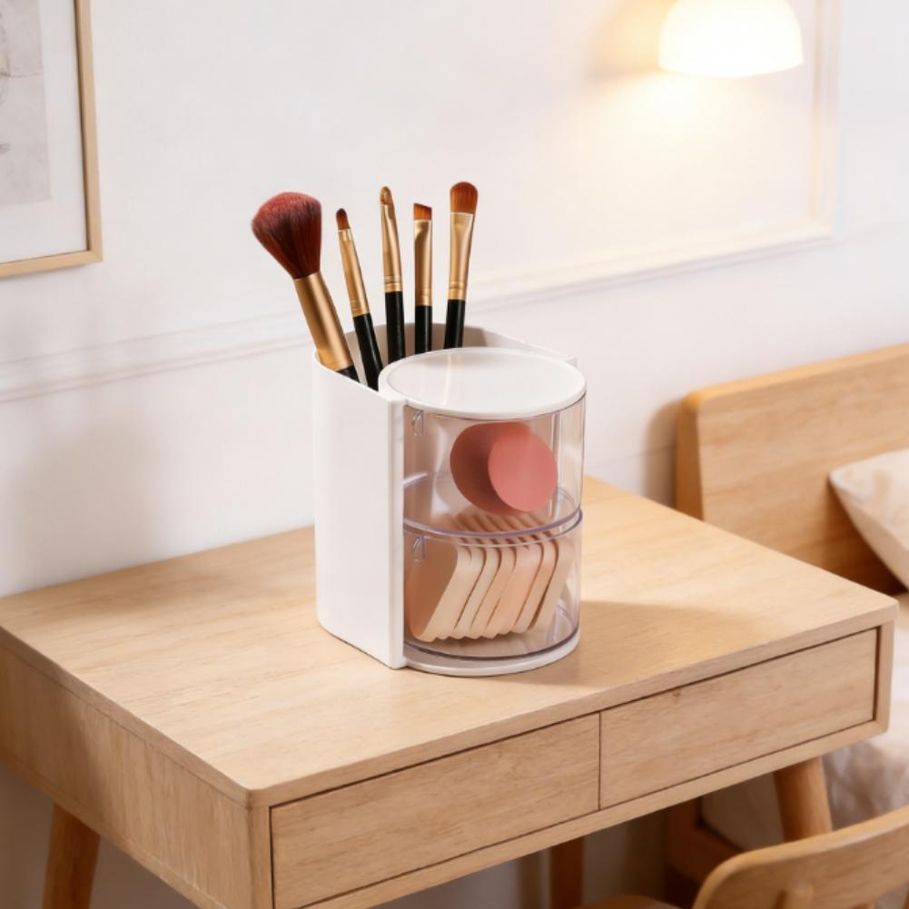 Transparent PET Rotating Makeup Organizer Box with 180 Degree Turn Cover for Brushes For Sponges and Beauty Tools