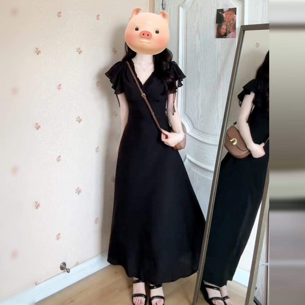 Hepburn Style Black V-neck Dress Children's Summer New French Small Flying Sleeves Huge Good-looking Pinched Waist Dress