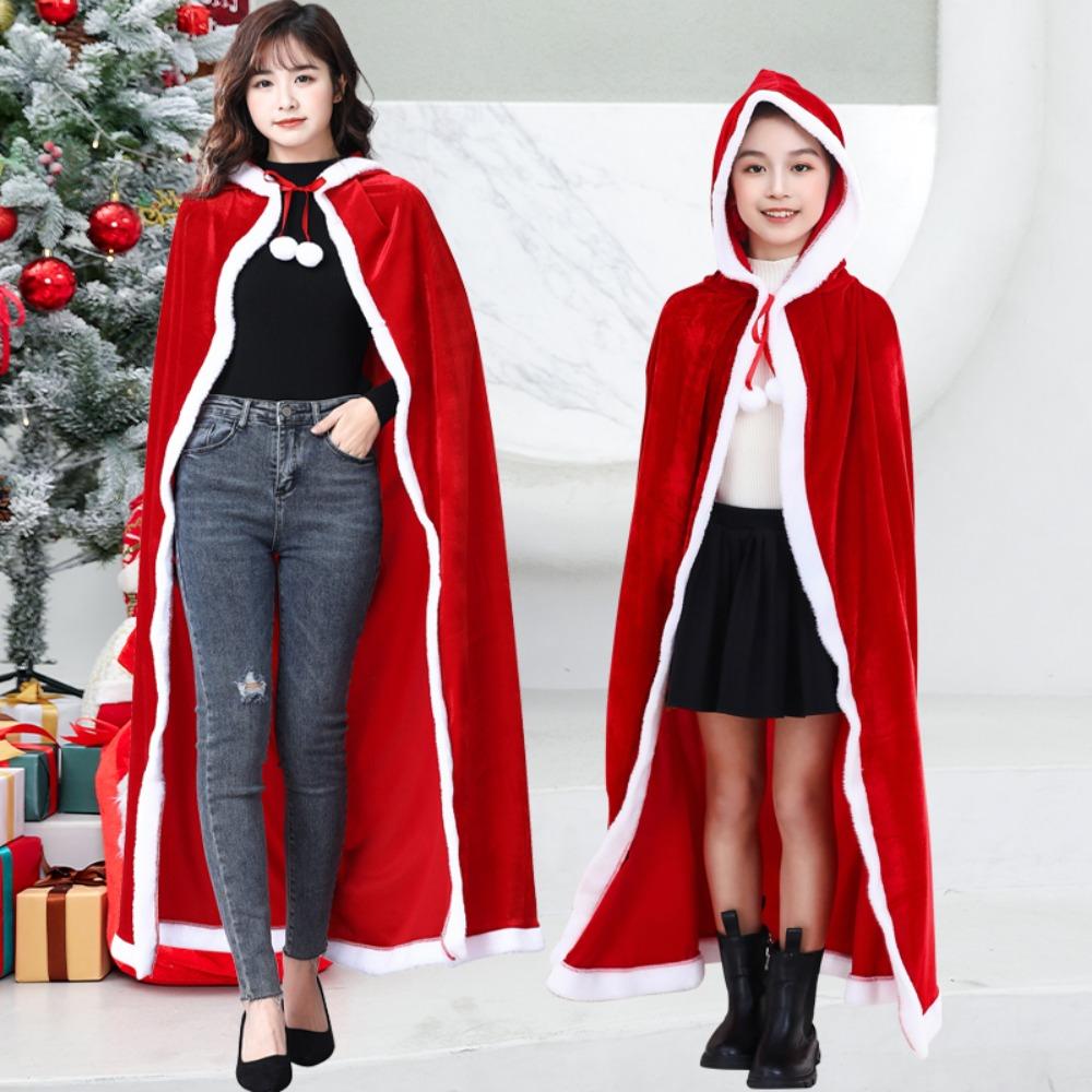 Polyester Hooded Ponchos Dress Up Red Xmas Cape Windproof Christmas Cloak Gown Adult Kids