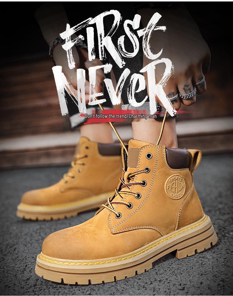 Men's Yellow Ins Style Leather Boots - High-Top, Plus Velvet, Autumn/Winter, Martin Boots for Couples