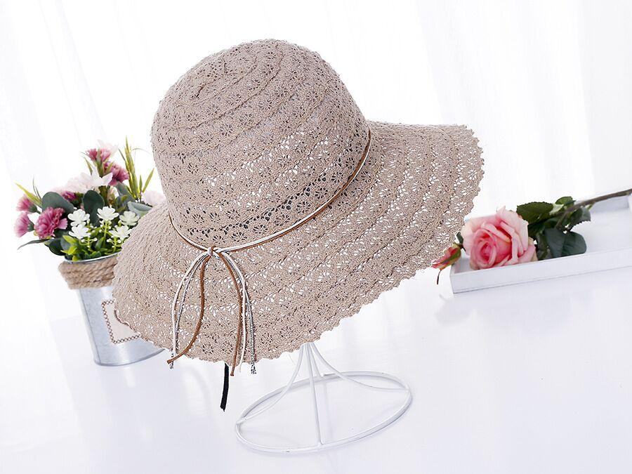 Summer Foldable Cotton Beach Bow Sun Hats For Women Fashion Floppy Elegant Beach Visor Hat Ladies Lace Hollow Straw Hat