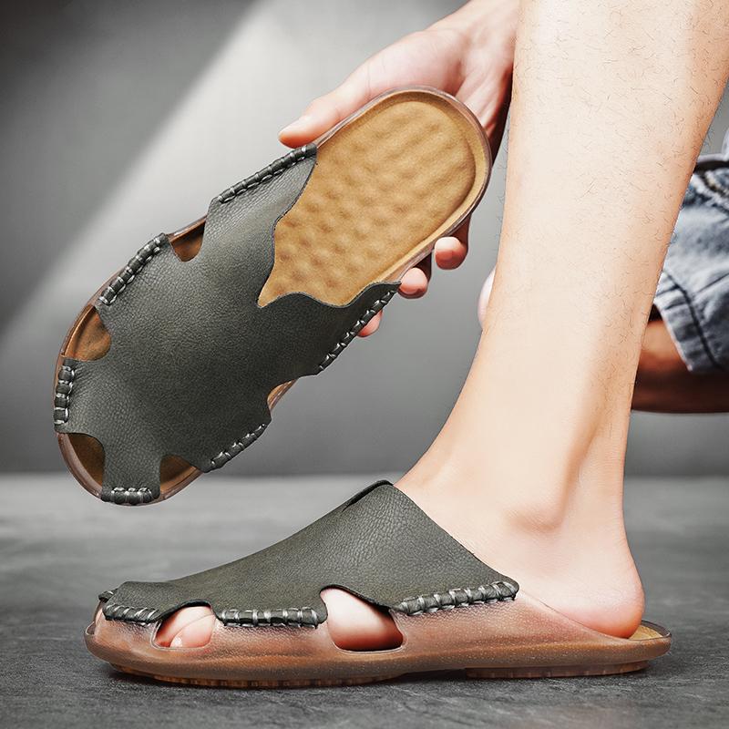 TUINANLE Hausschuhe Herren Lässig Einfach Leder Sandalen Sommer Hohe Qualität Bequem Rutschfest Mules Sandalen für Herren