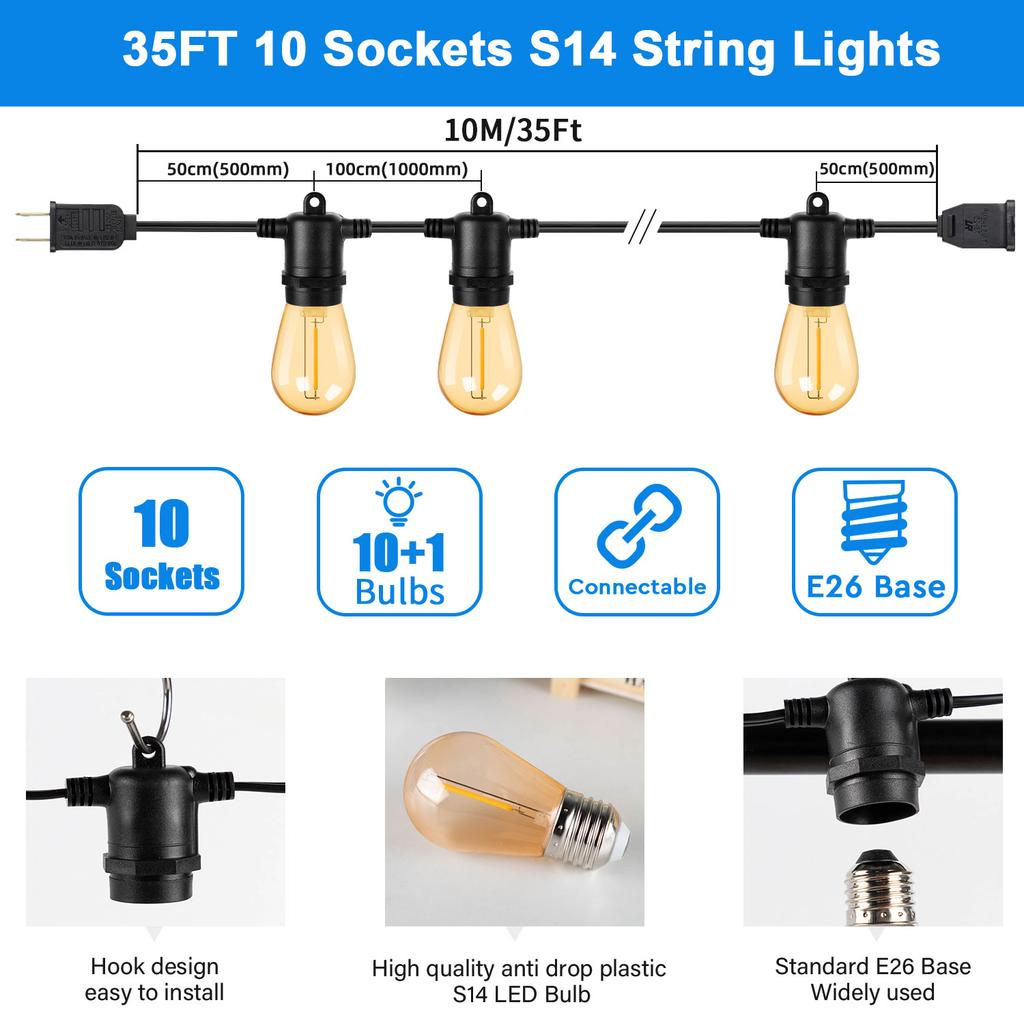 S14 1W Gold Plated E26 LED Garland Festoon String Light 10m 48ft IP45 Rated Dimmable Rechargeable Outdoor Garden Holiday Camping