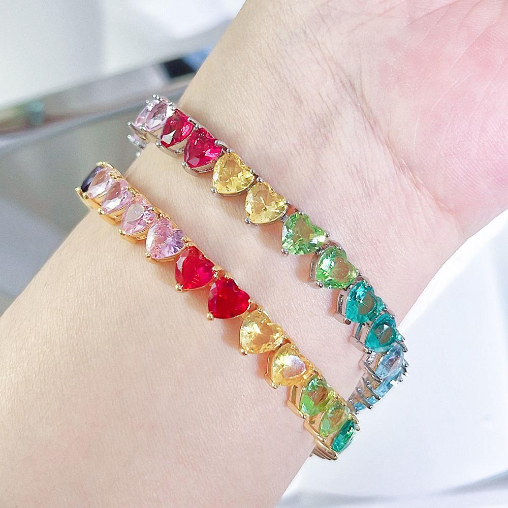 WWJ Modern Style Translucent Rainbow Color Love Heart Shape CZ Zircon Tennis Bracelet Women's Party Jewelry Accessories