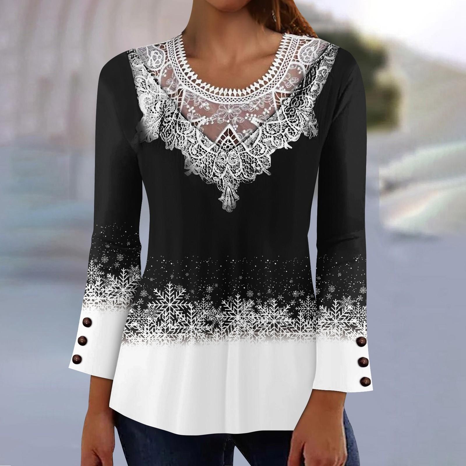 

Женская рождественская рубашка-блузка с круглым вырезом и кружевным принтом, с длинным рукавом, повседневная, праздничная, базовая, на пуговицах M белый