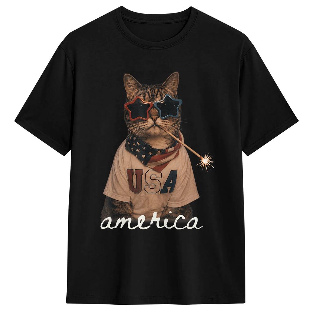 Unisex Retro Funny America Cat Hot Dog Lovers Patriotic US Flag TShirts Cotton Tops Summer Classic ShortSleeve T Shirt ONeck Tee