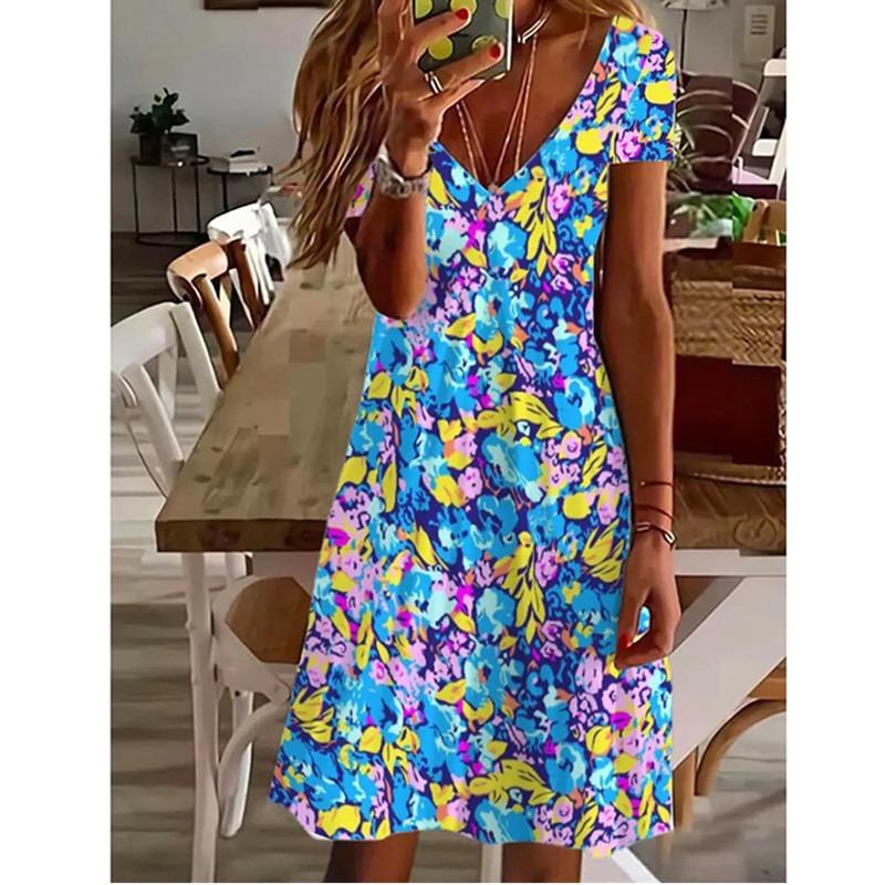 Women  Summer Short Sleeve V-Neck Casual Dress 3D