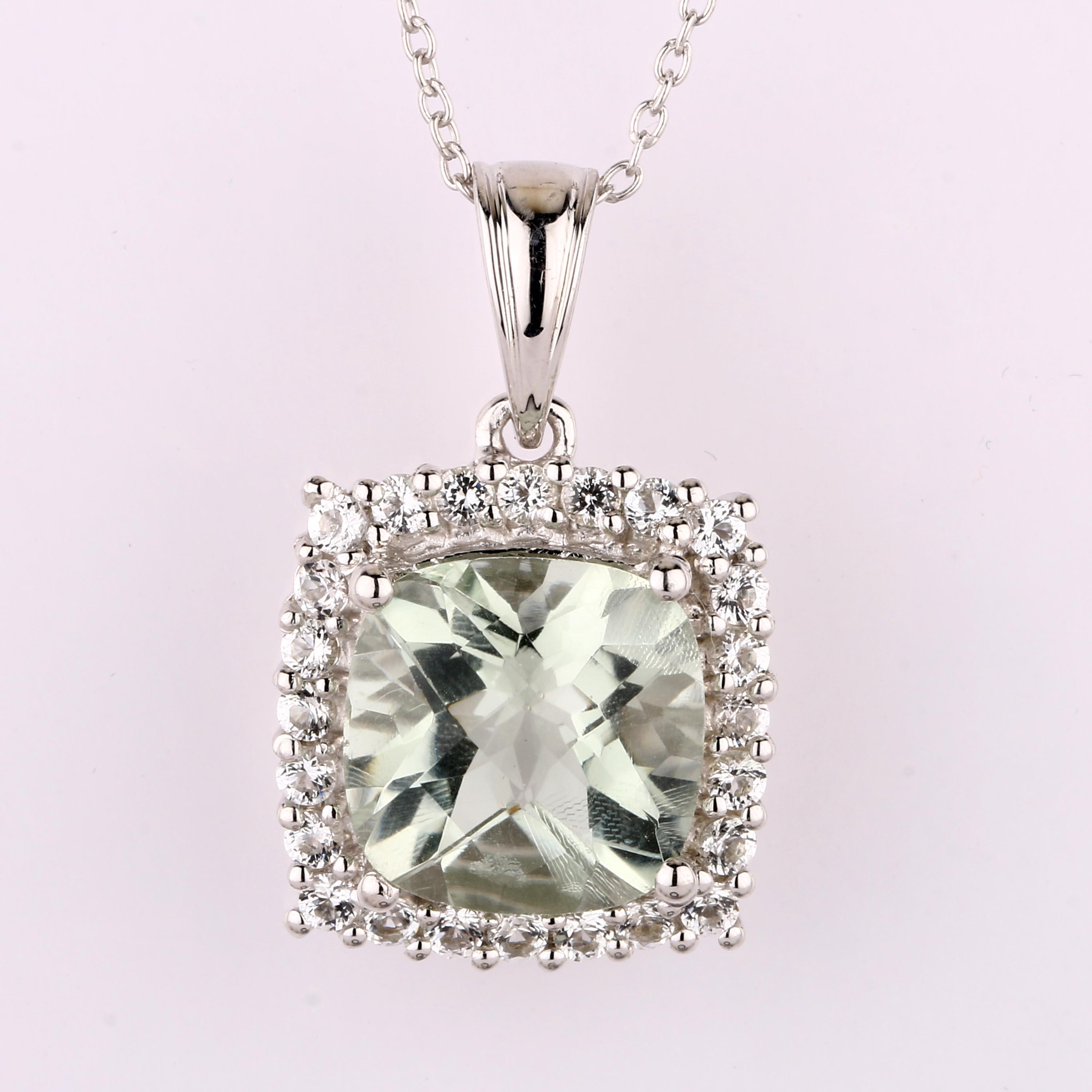 

Green Amethyst Cushion Pendant 925 Sterling Silver Rhodium Plated White Topaz Handmade Fine Jewelry Gift for Her срібний
