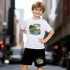 Boys 2 Piece Fishing Trips Printed Outfit, Short Sleeve T-Shirt and Shorts Set for Kids Age 5-14, Black and White Sporty Casual Summer Clothes
