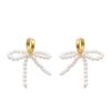 Korean White Imitation Pearl Bow Dangle Earrings for Women Elegant Handmade Woven Beaded Earrings Wedding Y2K Zircon