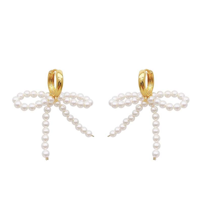 Korean White Imitation Pearl Bow Dangle Earrings for Women Elegant Handmade Woven Beaded Earrings Wedding Y2K Zircon