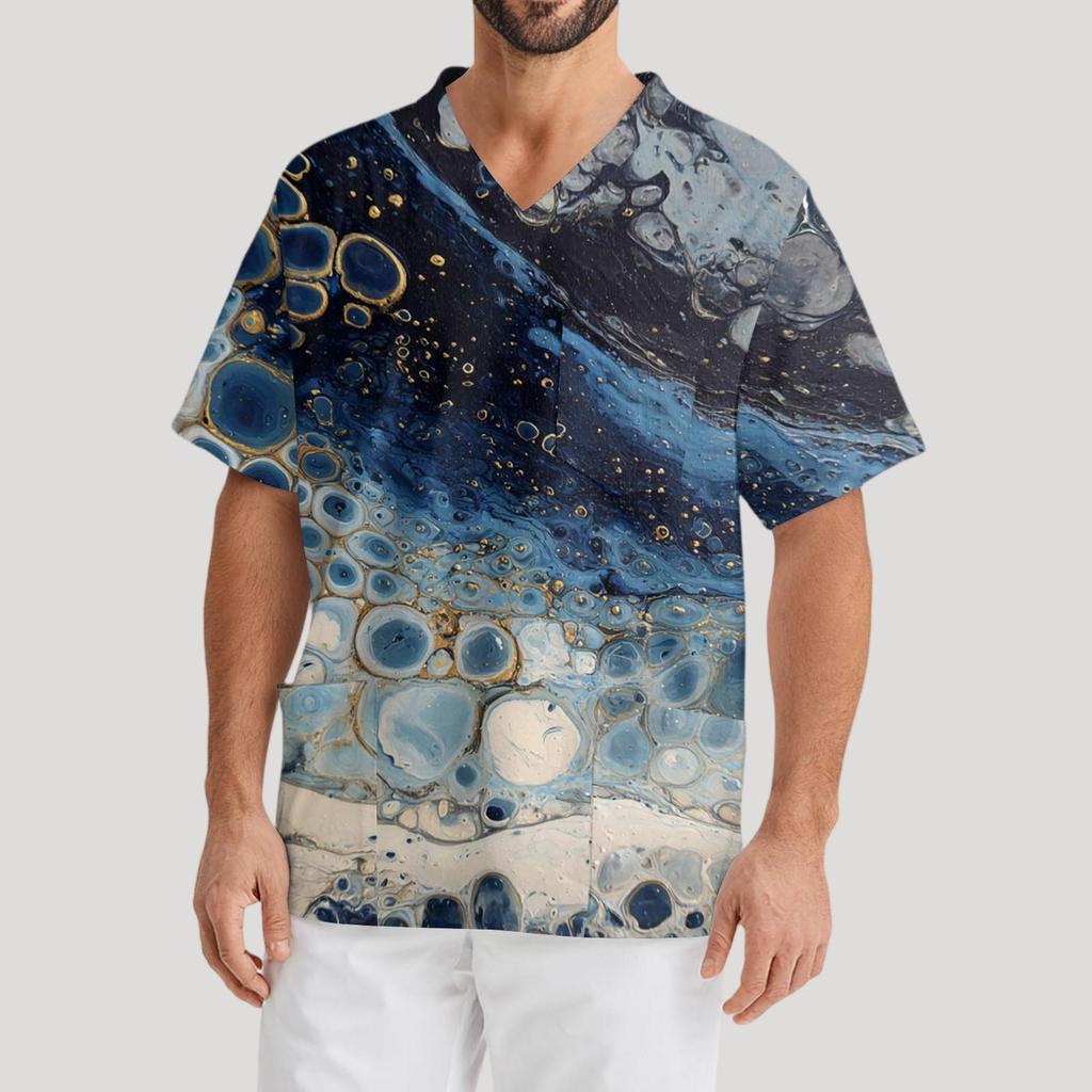 Bedrucktes kurzärmliges Herren-Arbeitsbluse mit V-Ausschnitt und Brusttasche für Pfleger