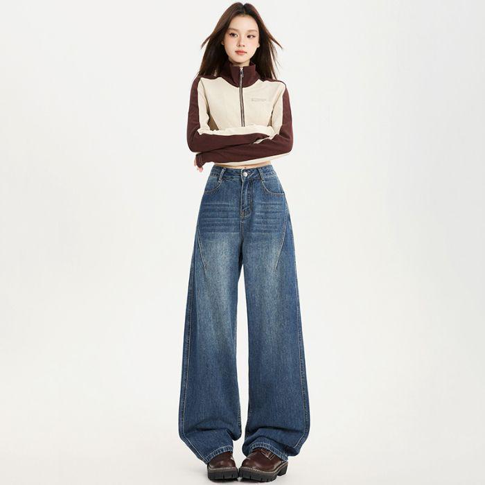 

Women s High-Waisted Curved Leg Jeans – 2026 Spring/Autumn Collection, Loose Drapey Floor-Length Slimming Pants. Deep Blue (Long Pants)