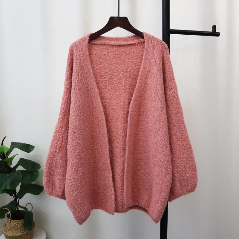 

Осень и зима новый свободный мягкий восковой однотонный рукав-фонарик вязаный кардиган ленивый ветер свитер куртка женская one size fits all розовый
