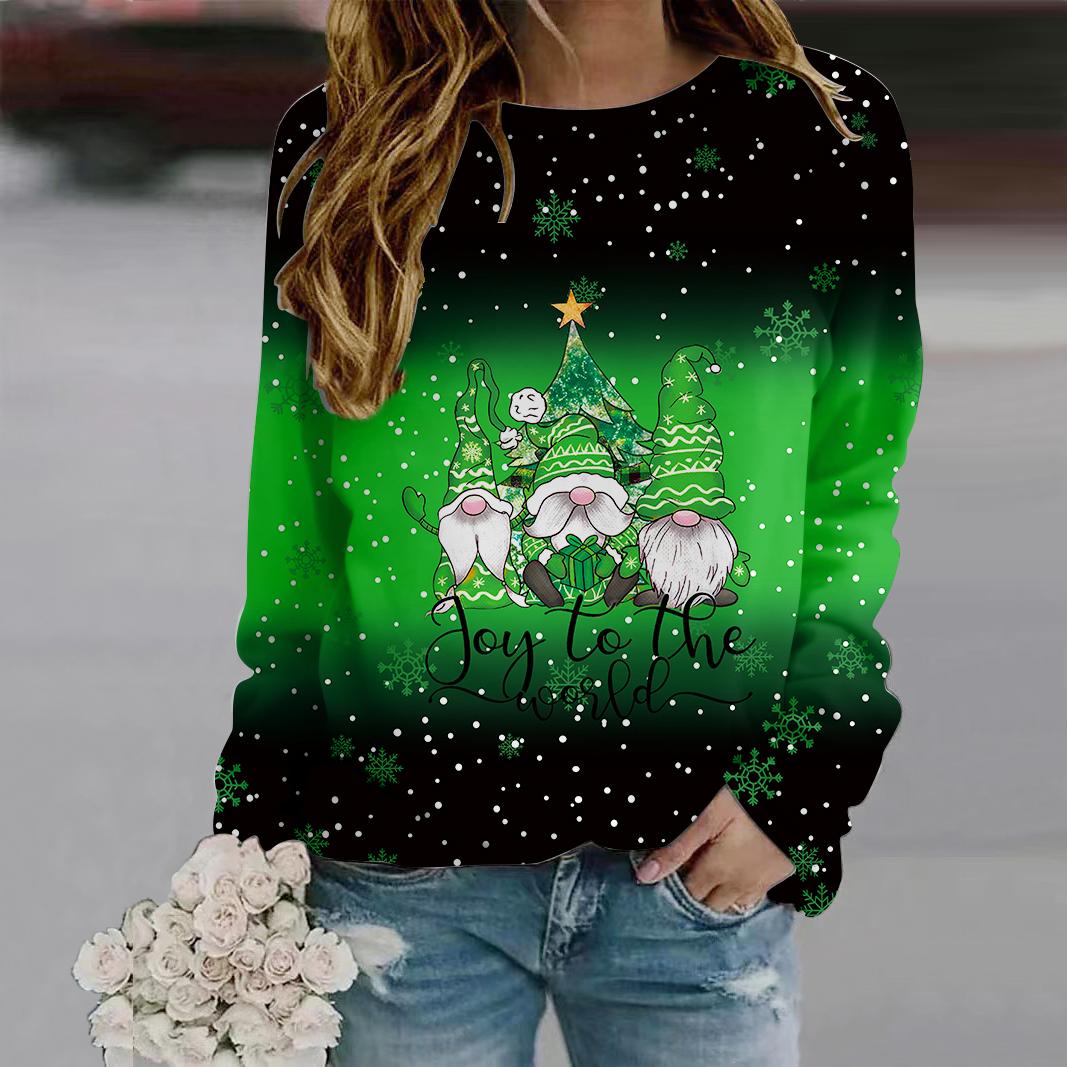 

Осенняя женская мода с круглым вырезом и длинным рукавом, свободная одежда, футболка с принтом «Маленький человек» 8XL зелёный