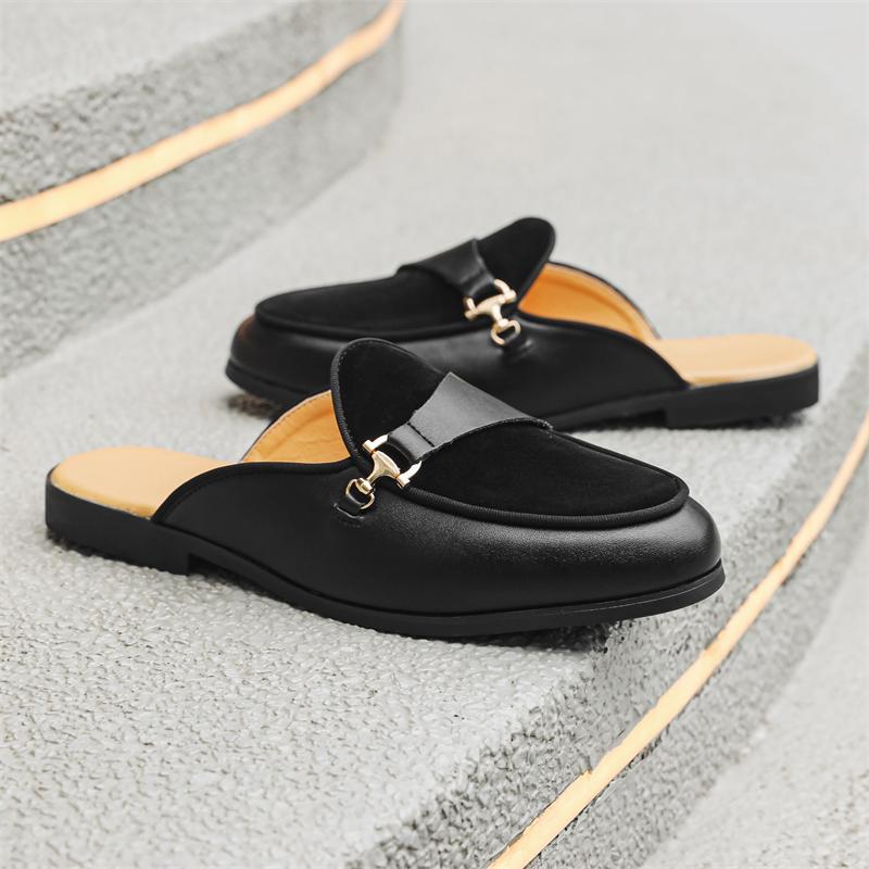 Fashion Classic Breathable Men's Half Slippers Casual Leathe Male Muller Shoes Simple Comfy Lazy Flats Handmade Casual Shoes Half Drag