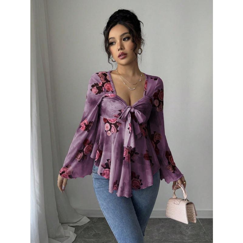 DAFIFY Women's Fashion Casual Spring Autumn Flower Pattern Print Long Sleeve V-Neck Blouses & Shirts