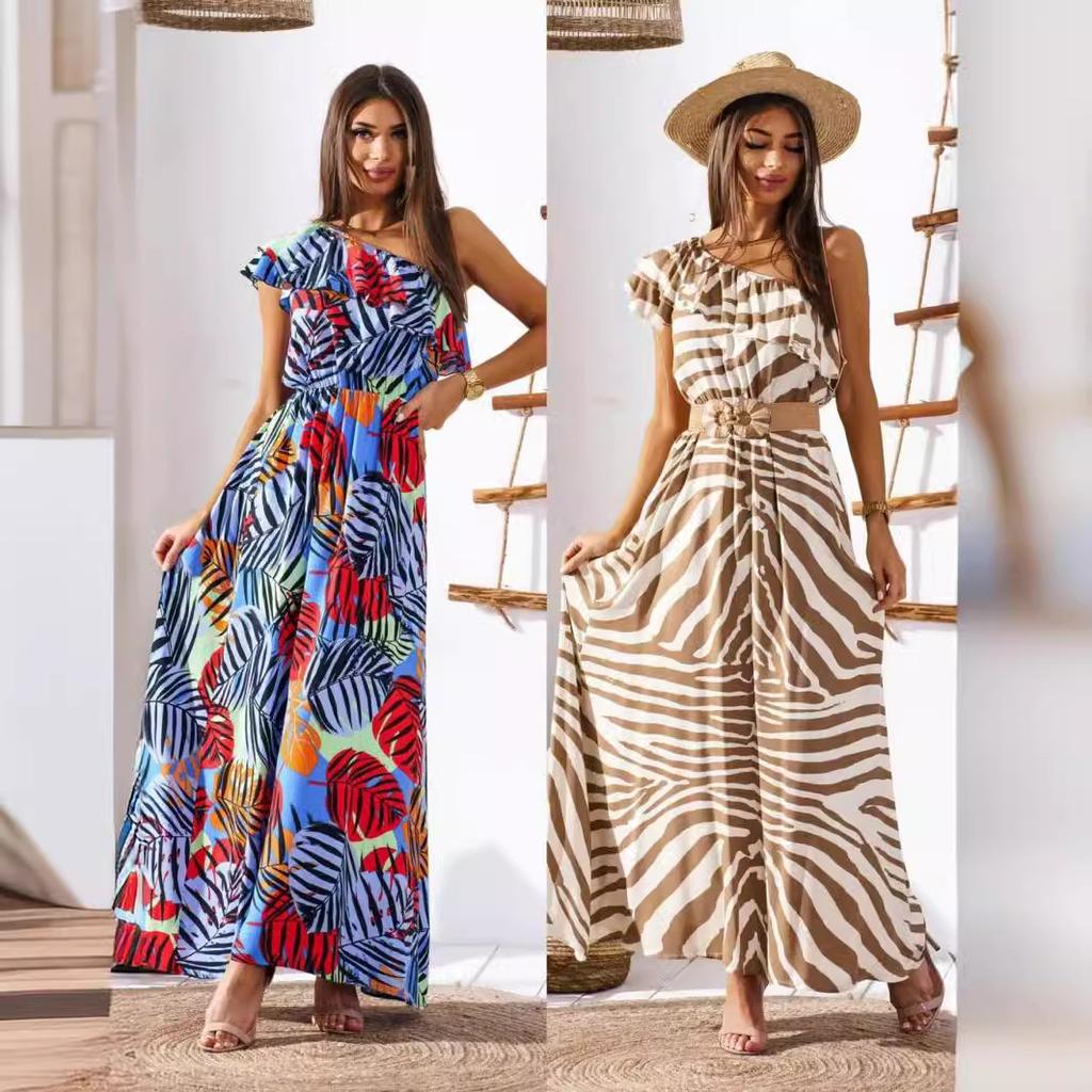 European and American Summer New Waist Off-the-shoulder Printed Long Casual Dress for Women