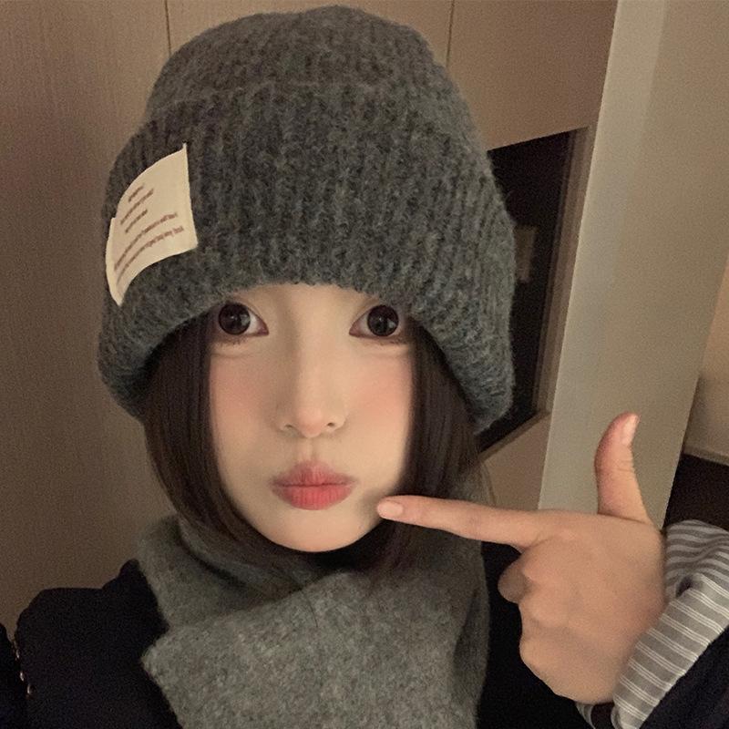 Large Head Circumference Knitted Hat for Women Korean Style Thickened Warm Hooded Hat Showing Face  Small Ear Protection Woolen Hat Trendy