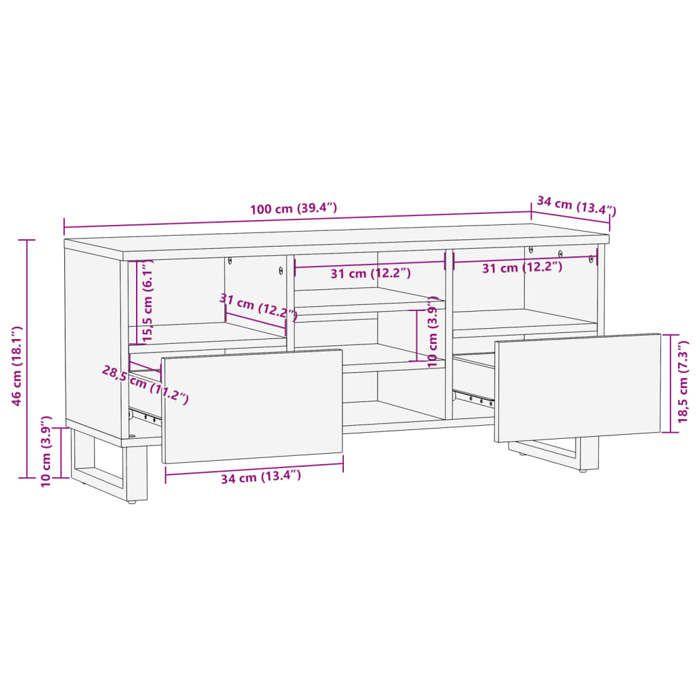 VidaXL Meuble TV 100x34x46 cm bois massif de manguier, banc TV, meuble hifi, console TV, buffet TV, meuble multimédia, 377527