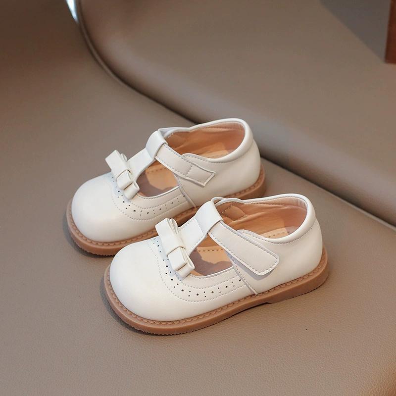 Girls Solid Color Design PU Leather Shoes Middle and Small Children Low Top Bow College Style Single Shoes