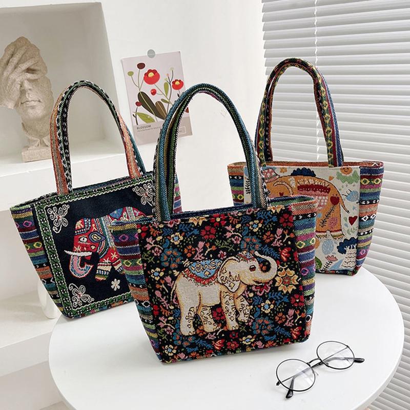 Ethnic Style Handbag Trendy Animal Embroidery Handbag Canvas Women Shoulder Bags Women Grocery Storage Pouch