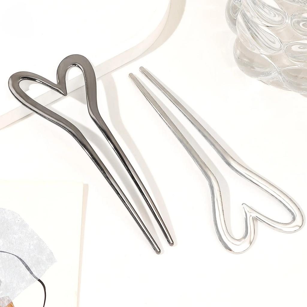 Korean Metal U Shape Love Heart Hair Pins for Women Girls Silver Gold Color Hairwear Simple Heart Shaped Hair Sticks Accessories