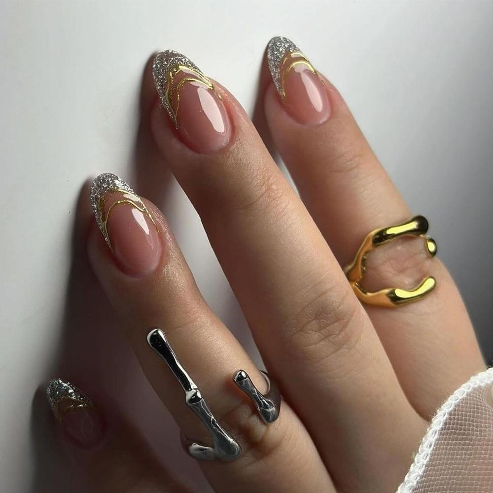 24Pcs Metallic Cat Eye French Sheer 3D Textured Almond Medium Nude Pink Press On Fake Nails