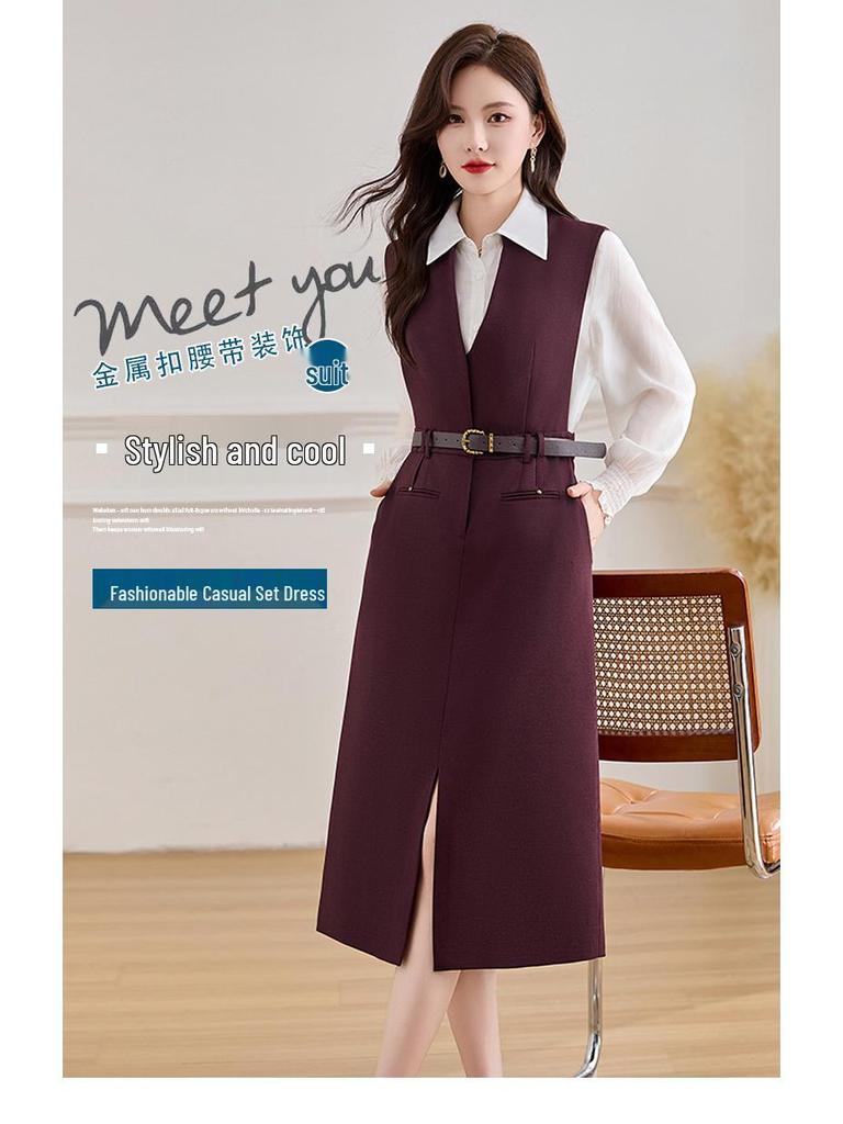 Zestaw sukienki koszulowej z długim rękawem i kamizelki na wiosnę i jesień 2025 Z5381