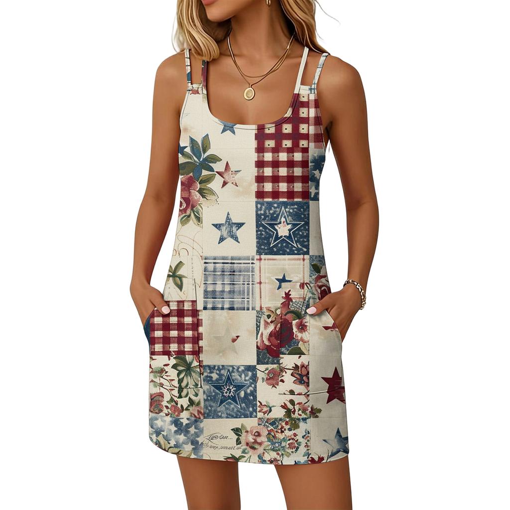 Women’s Fashionable Casual Independence Day Printed Dress, Double-Strap Dress With Pockets