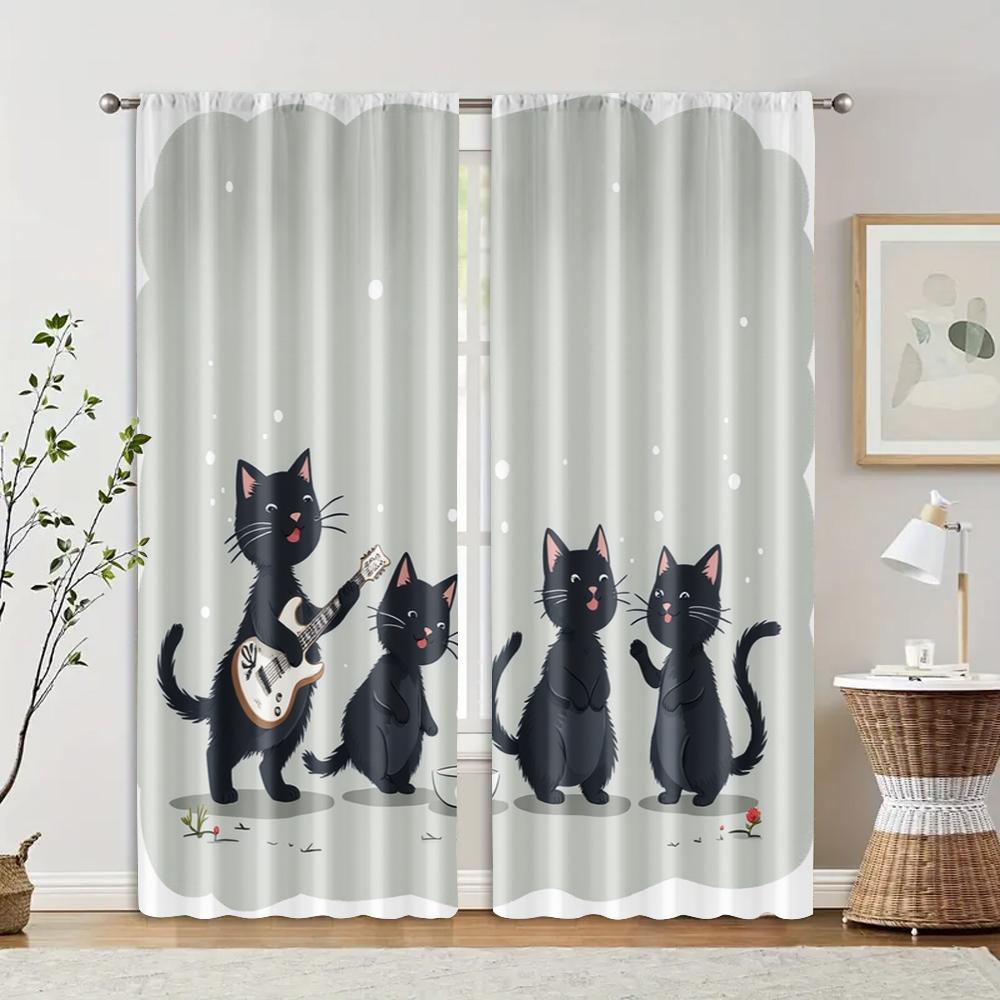 2pcs, Light Filtering Curtains Black Cat & Jungle Flowers Versatile Fabric (without Rod) Decorations Outdoor Ldeal for Room,