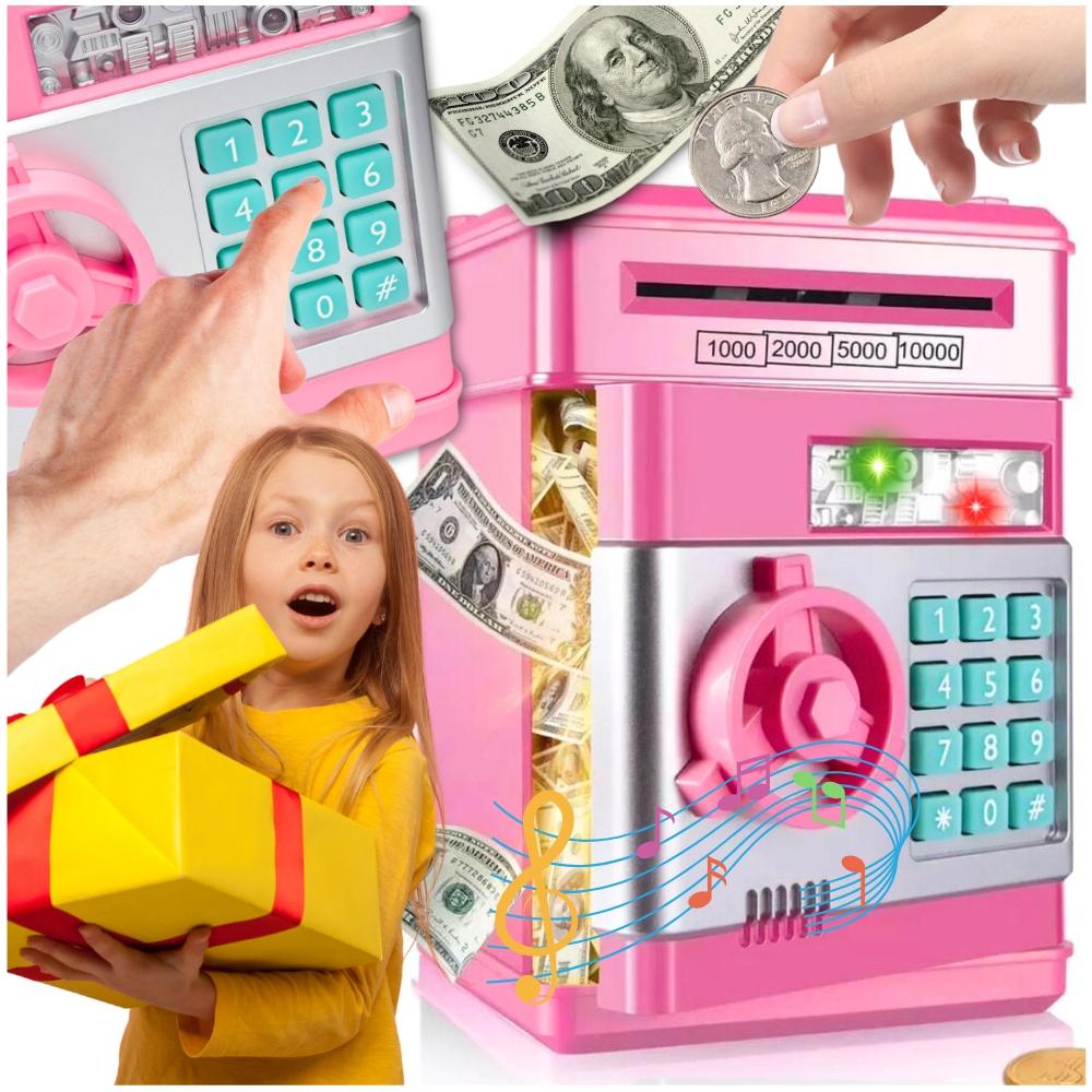 Safe Piggy Bank for Children with a Pin, Large Electronic ATM, Pink Coins