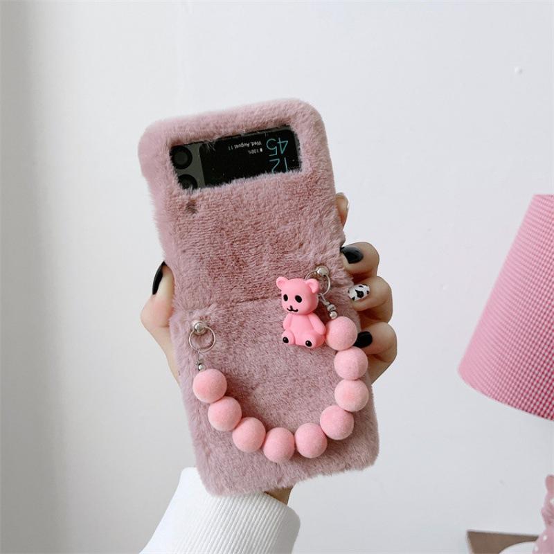 Applicable To Samsung ZFlip3 Autumn and Winter Plush Mobile Phone Case Zflip4 Bear Bracelet Fluff Case Protective Case Zflip4