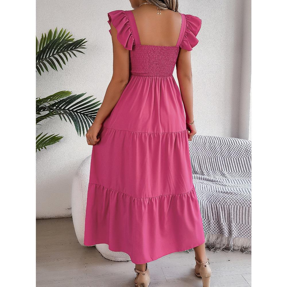 Summer Solid Colour Square Neck Wooden Ear Side Waist A-Line Long Women's Loose Casual Dresses