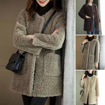 Wintermantel Rundhalsausschnitt Langarm Einreihig Plüschjacke mit Taschen Einfarbig Mittellang Kunstpelz Oberbekleidung