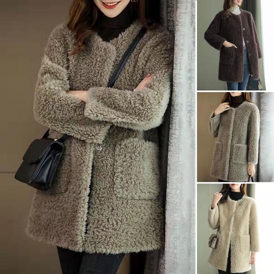 Winter Coat Round Neck Long Sleeve Single Breasted Plush Jacket with Pockets Solid Color Mid-length Imitation Fur Outerwear