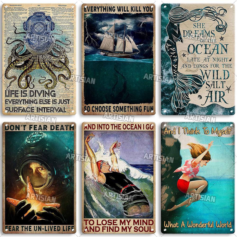 Artisian Swimming Metal Poster Diving Tin Sign Sport Decorative Plaque Ocean Wall Decor Garage Bar Pub Club Hotel Cafe Kitchen