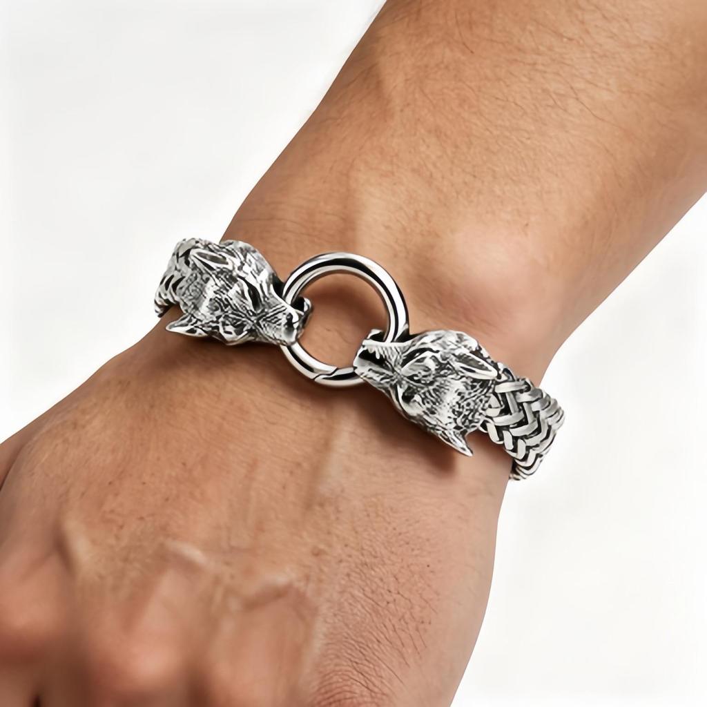 Bracciale Vikingo con Testa di Lupo in Acciaio Inossidabile con Catena a Maglia Franco Retro