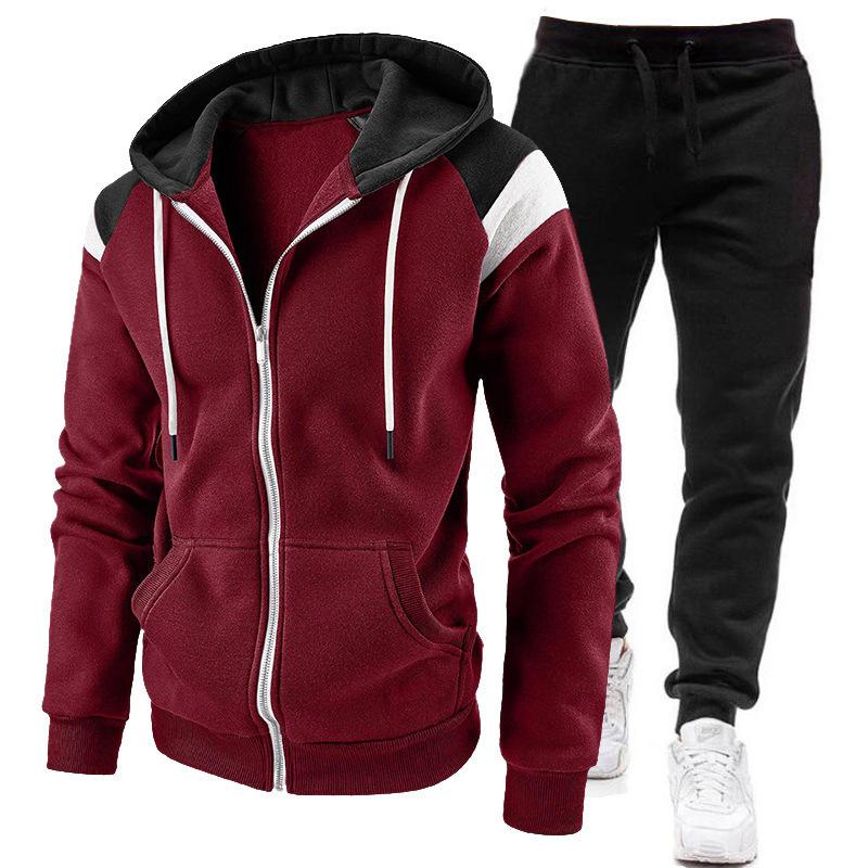 Cross Border New Men's Color Blocking Fashion Men's Casual Sports Hooded Sweatshirt Set