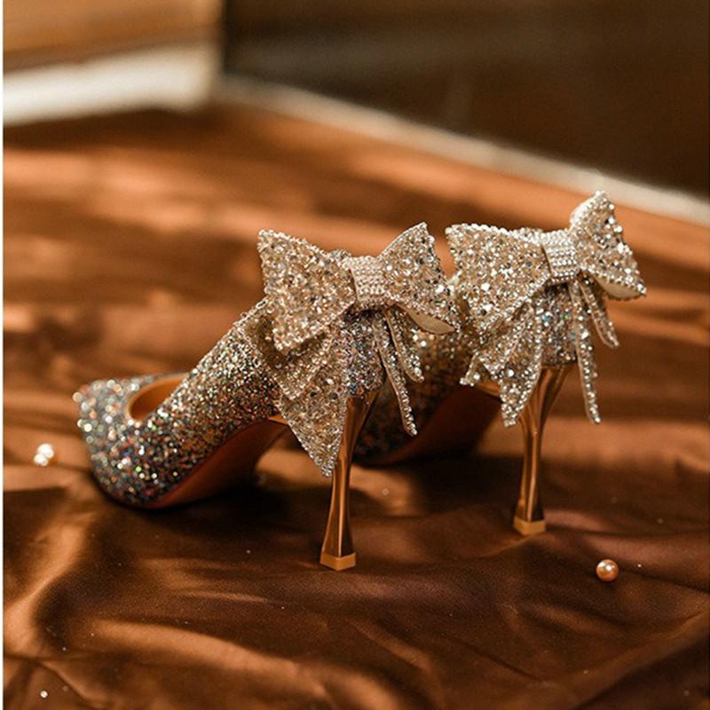 Fashion 2025 New French Bow Pumps Gradient Crystal Sequin Senior Sense Bridal Wedding Shoes Bridesmaid Shoes Dinner Shoes