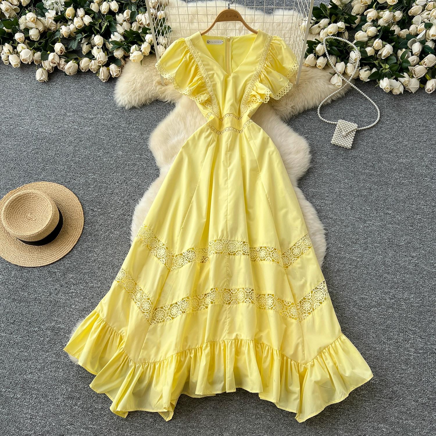 

Летние женские V-образный вырез бабочка рукав вышивка кружево пэчворк пляжный морской длинный макси нерегулярные платья 2XL жёлтый