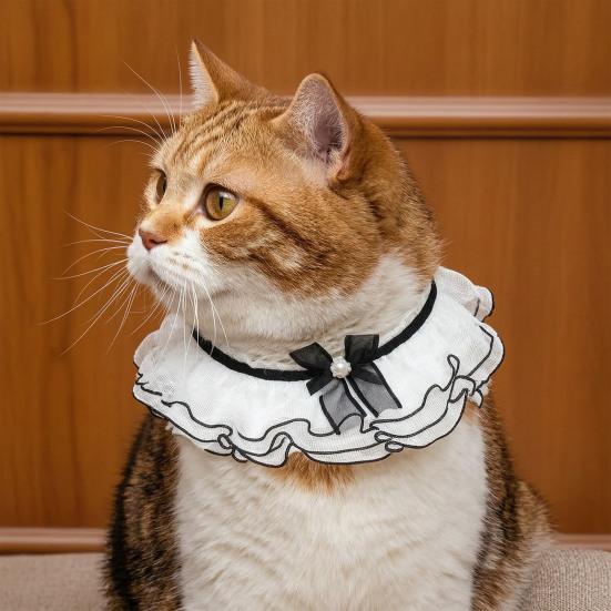 Elegant Faux Pearl Pet Bib Lace Ruffle Cat Collar, Bandana with Bow Knot, Retro Puppy Formal Neckwear Cute Princess Collar for Cats Small Dogs Wedding