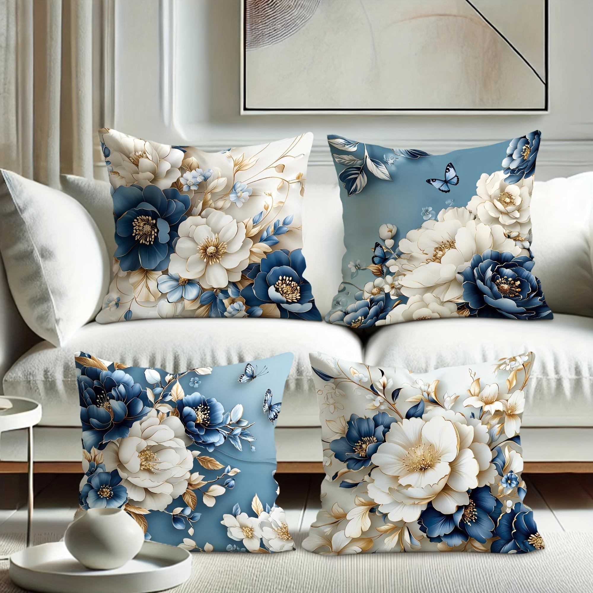 Tinika Chen Unisex Blue/White/Gold Floral Light Luxury Pattern Home Decor Pillowcase Living Room Sofa Polyester Cushion Cover With Zipper