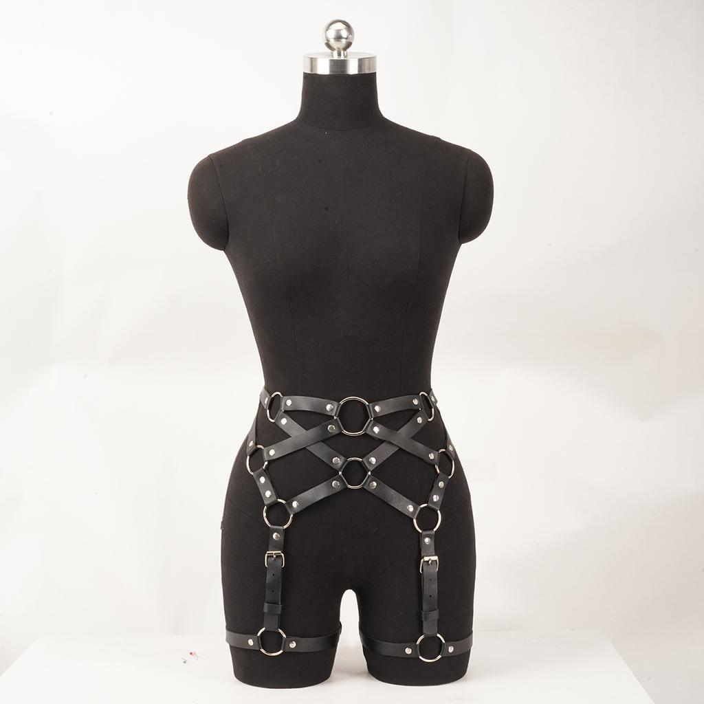Leather Body Harness for Women, Adjustable Punk Garter Belts with Metal O-Rings, Rave Outfit Accessories