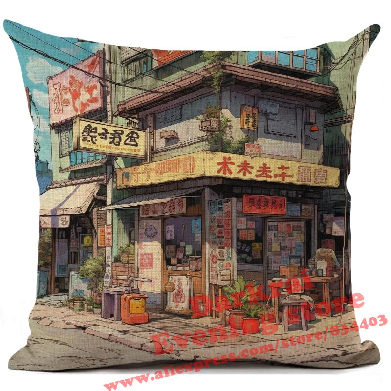 Cartoon Straßenecke Leinen Kissenbezug Japan Architekturstil Heimdekoration Wohnzimmer Sofa Dekokissen Hülle 45x45cm