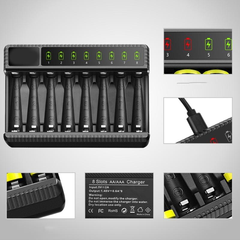8 Bay AA AAA Battery Charger LCD USB C High-Speed Charging Independent Slot for NiMH NiCD Rechargeable Batteries